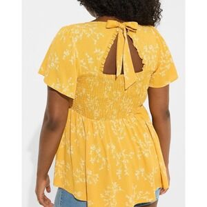 Torrid 1X Mustard Floral Smocked Flutter Sleeve Tie Peplum Top boho whimsi flowy